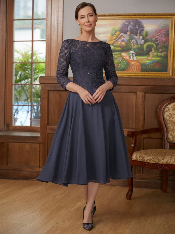 Mother of the Bride Dresses A-Line Princess Chiffon Lace 3/4 Sleeves Tea-Length