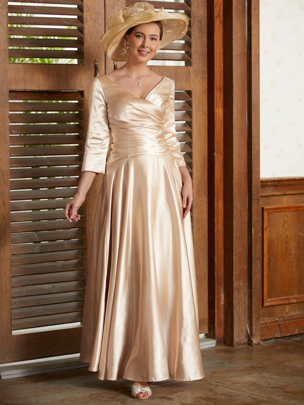 A-Line/Princess Woven Satin Ruched V-neck 3/4 Sleeves Ankle-Length Mother of the Bride Dresses