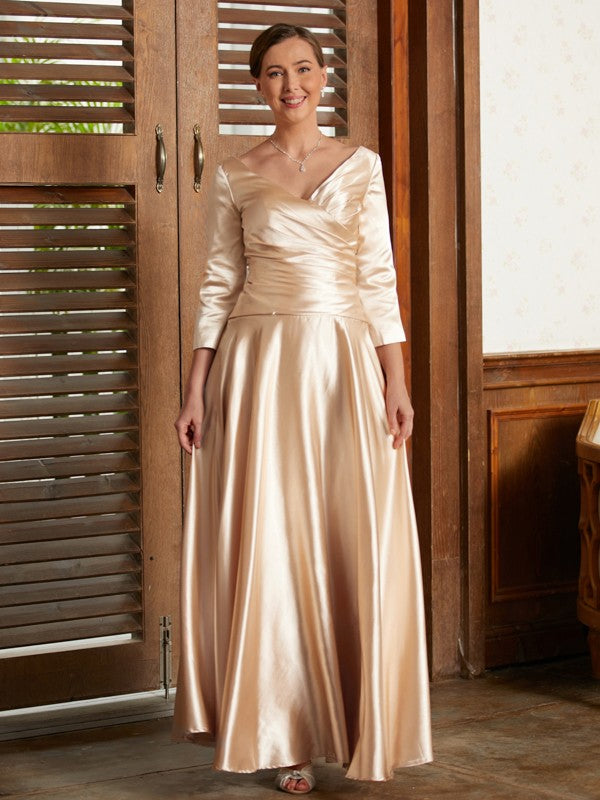 A-Line/Princess Woven Satin Ruched V-neck 3/4 Sleeves Ankle-Length Mother of the Bride Dresses