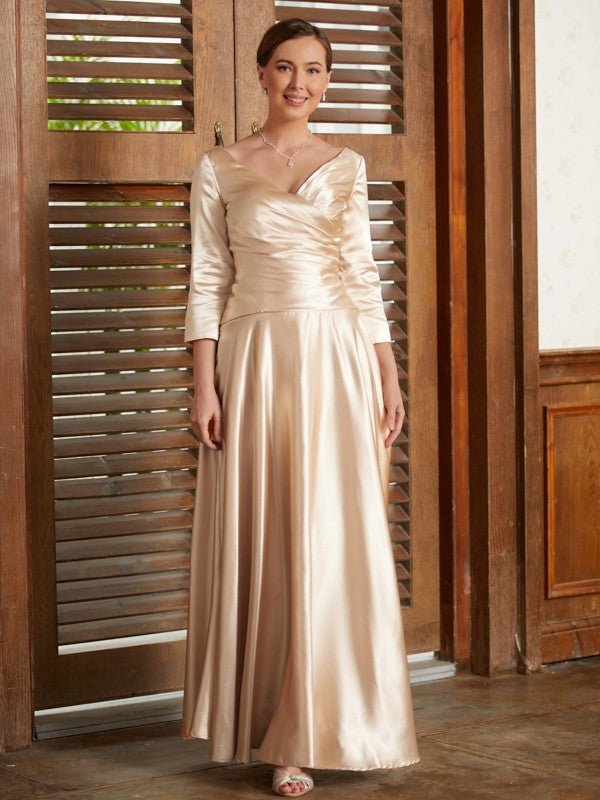 A-Line/Princess Woven Satin Ruched V-neck 3/4 Sleeves Ankle-Length Mother of the Bride Dresses