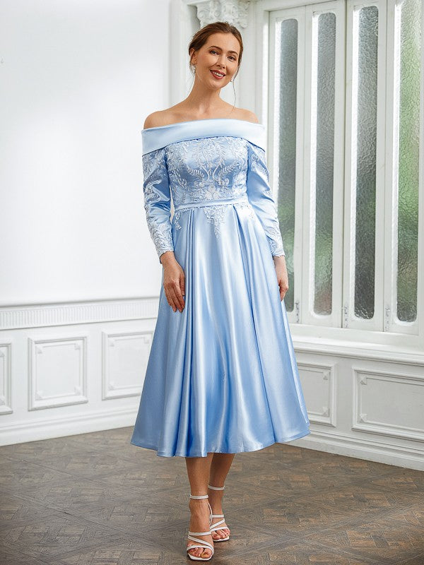 A-Line/Princess Woven Satin Ruched Off-the-Shoulder Long Sleeves Tea-Length Mother of the Bride Dresses