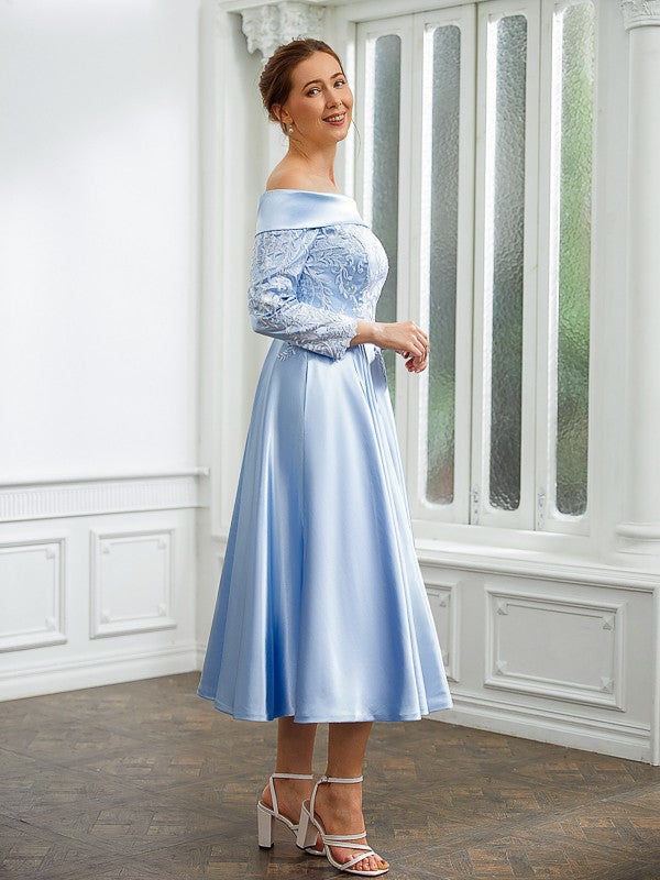A-Line/Princess Woven Satin Ruched Off-the-Shoulder Long Sleeves Tea-Length Mother of the Bride Dresses
