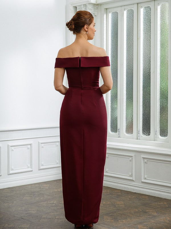Mother of the Bride Dresses Sheath Column Stretch Ruched Off-the-Shoulder Sleeveless Floor Length