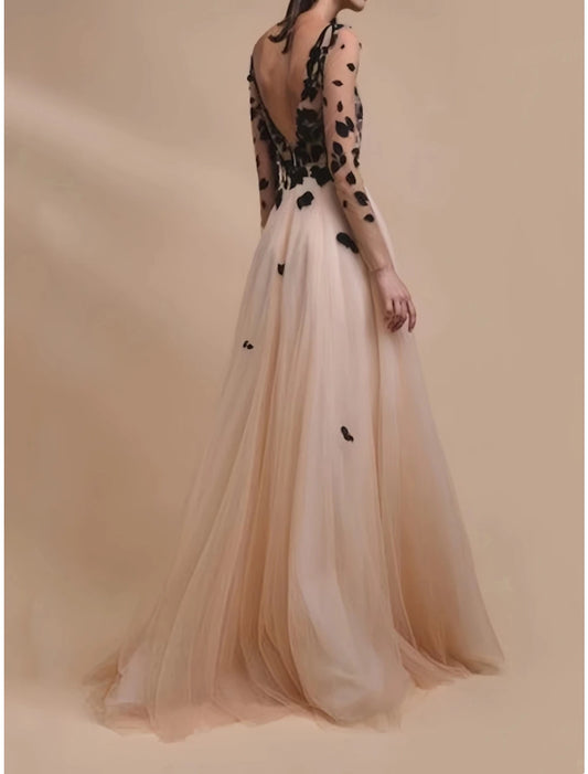 A-Line Evening Gown Champagne Gold Elegant Dress Formal Wedding Guest Sweep / Brush Train Long Sleeve V Neck Tulle with Embroidery Prom Dresses
