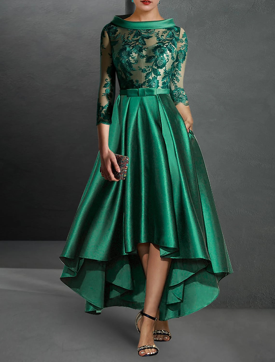 A-Line Cocktail Dresses Elegant Dress Formal Asymmetrical 3/4 Length Sleeve Jewel Neck Fall Wedding Guest Satin with Pleats Appliques Mother of the Bride Dresses