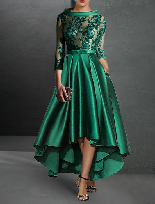 A-Line Cocktail Dresses Elegant Dress Formal Asymmetrical 3/4 Length Sleeve Jewel Neck Fall Wedding Guest Satin with Pleats Appliques Mother of the Bride Dresses