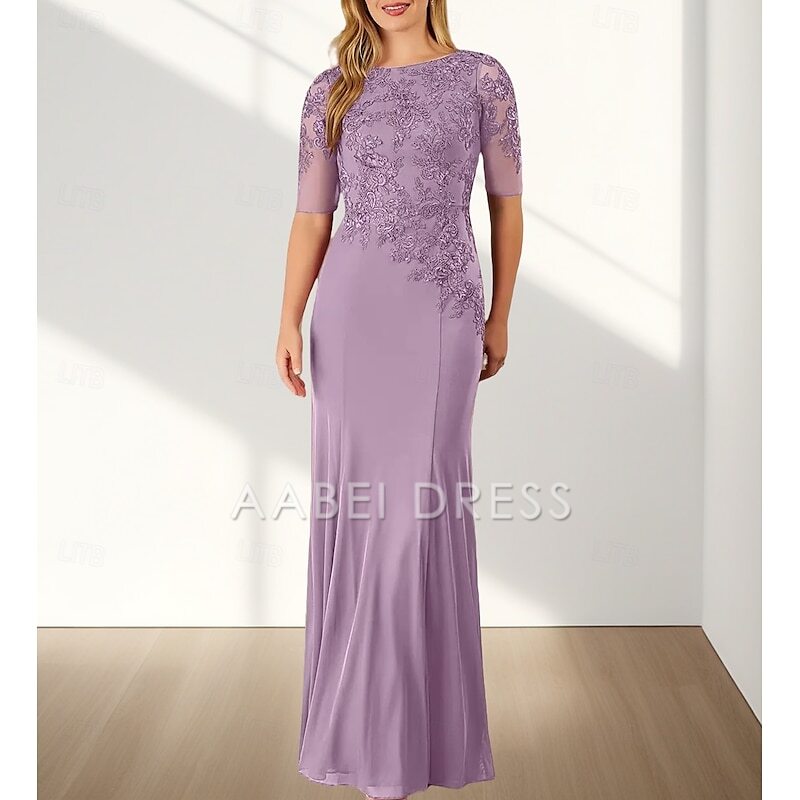 AABEI DRESS Wedding Guest Dress Mermaid  Elegant Crew Neck Floor Length Chiffon Half Sleeve with Appliques Mother of the Bride Dress