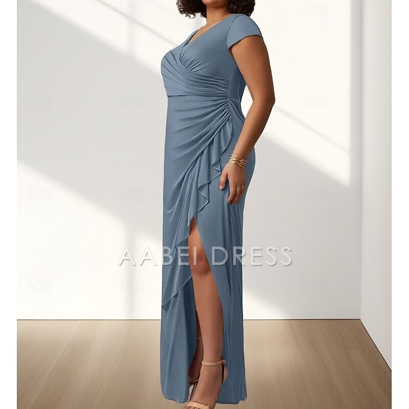 AABEI DRESS Wedding Guest Dress Elegant Mermaid V Neck Short Sleeve Pleats Split Curve Front Ruching Floor Length Plus Size Mother of the Bride Dress