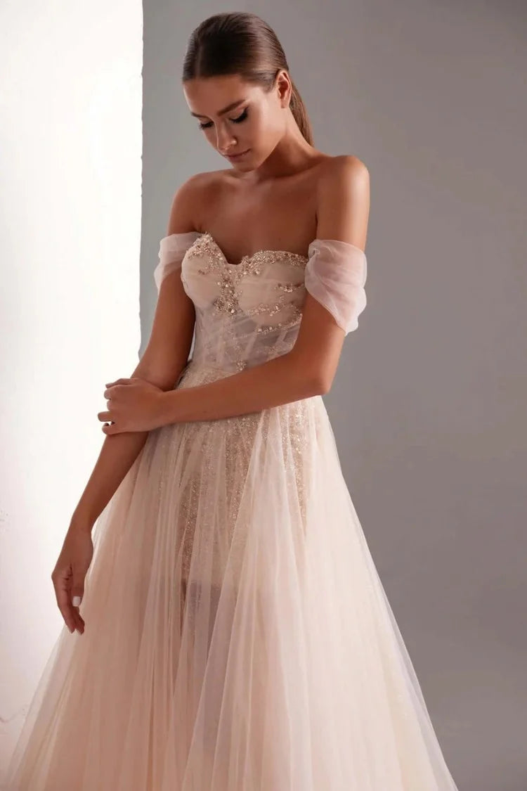 Champagne Off Shoulder Beaded Corset Tulle Prom Dress Sweetheart Sheer Glitter Floor Length Formal Gown