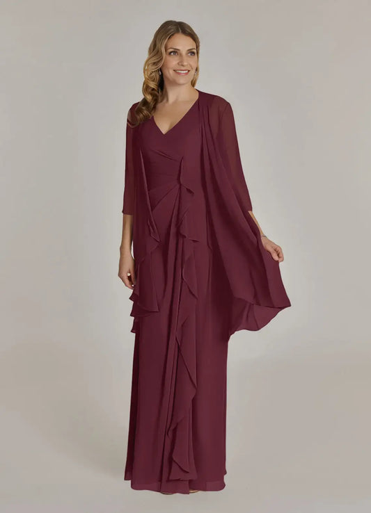 AABEI DRESS Wedding Guests Dresses A-Line Two Piece V-Neck Cascading Ruffles Back Pleated Exquisite Mother of the Bride Dress