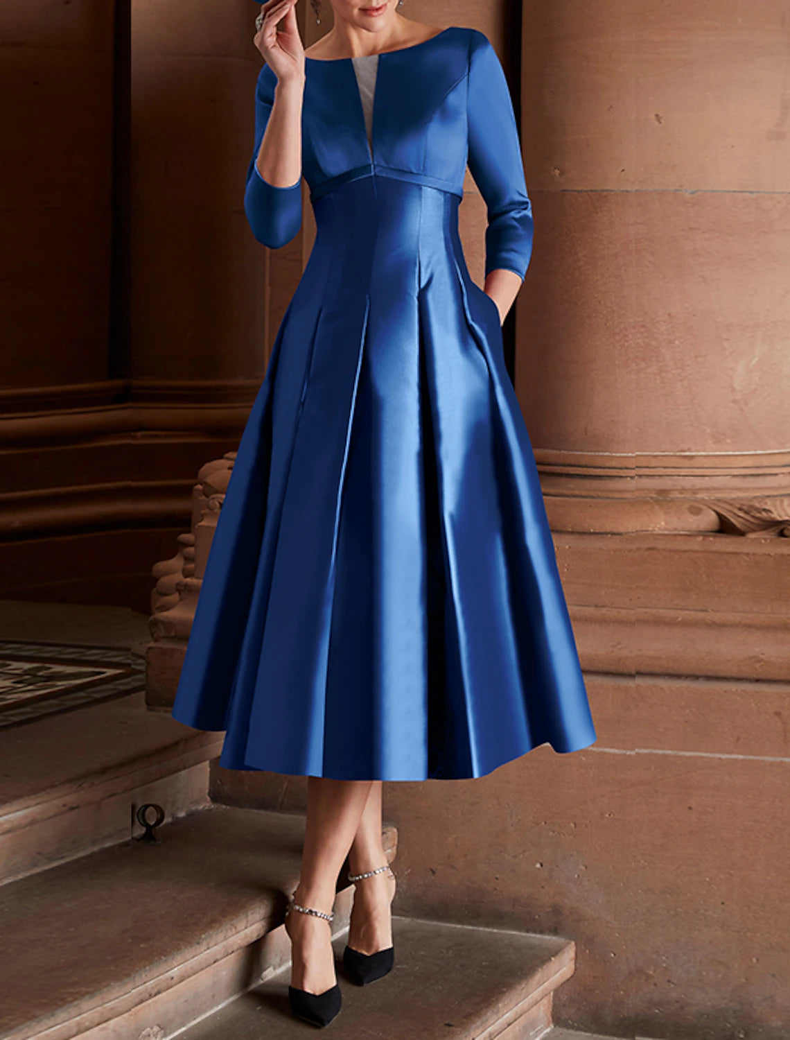 A-Line Cocktail Dresses Minimalist Dress Christmas Red Green Dress Wedding Guest Tea Length 3/4 Length Sleeve Jewel Neck Fall Wedding Guest Satin with Pleats Mother of the Bride Dresses