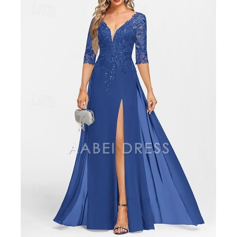 AABEI DRESS Wedding Guest Dress Exquisite A-Line V Neck Half Sleeve with Appliques Split Front Floor Length Mother of the Bride Dress