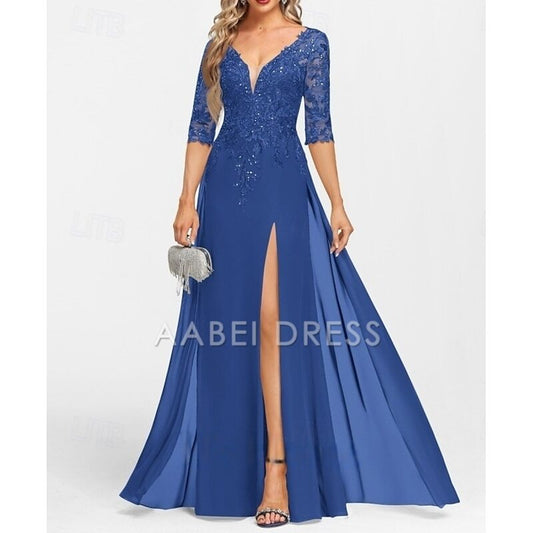 AABEI DRESS Wedding Guest Dress Exquisite A-Line V Neck Half Sleeve with Appliques Split Front Floor Length Mother of the Bride Dress