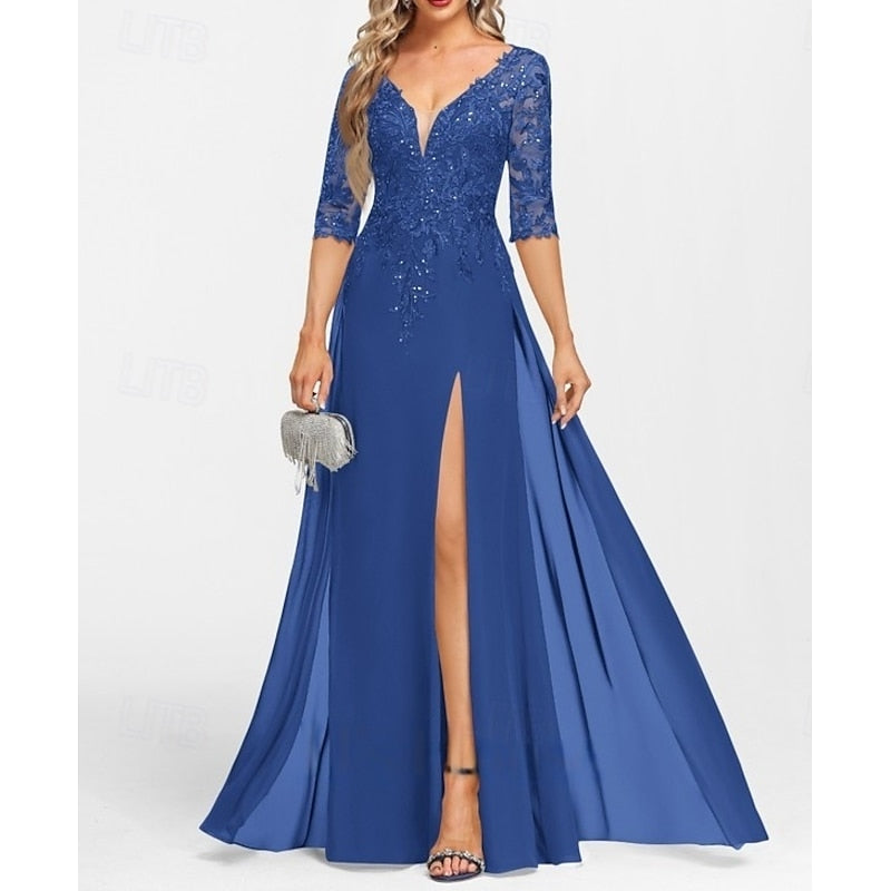 AABEI DRESS Wedding Guest Dress Exquisite A-Line V Neck Half Sleeve with Appliques Split Front Floor Length Mother of the Bride Dress