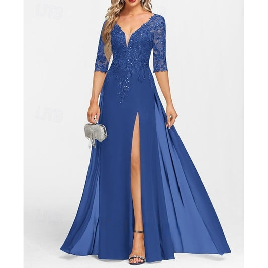 AABEI DRESS Wedding Guest Dress Exquisite A-Line V Neck Half Sleeve with Appliques Split Front Floor Length Mother of the Bride Dress