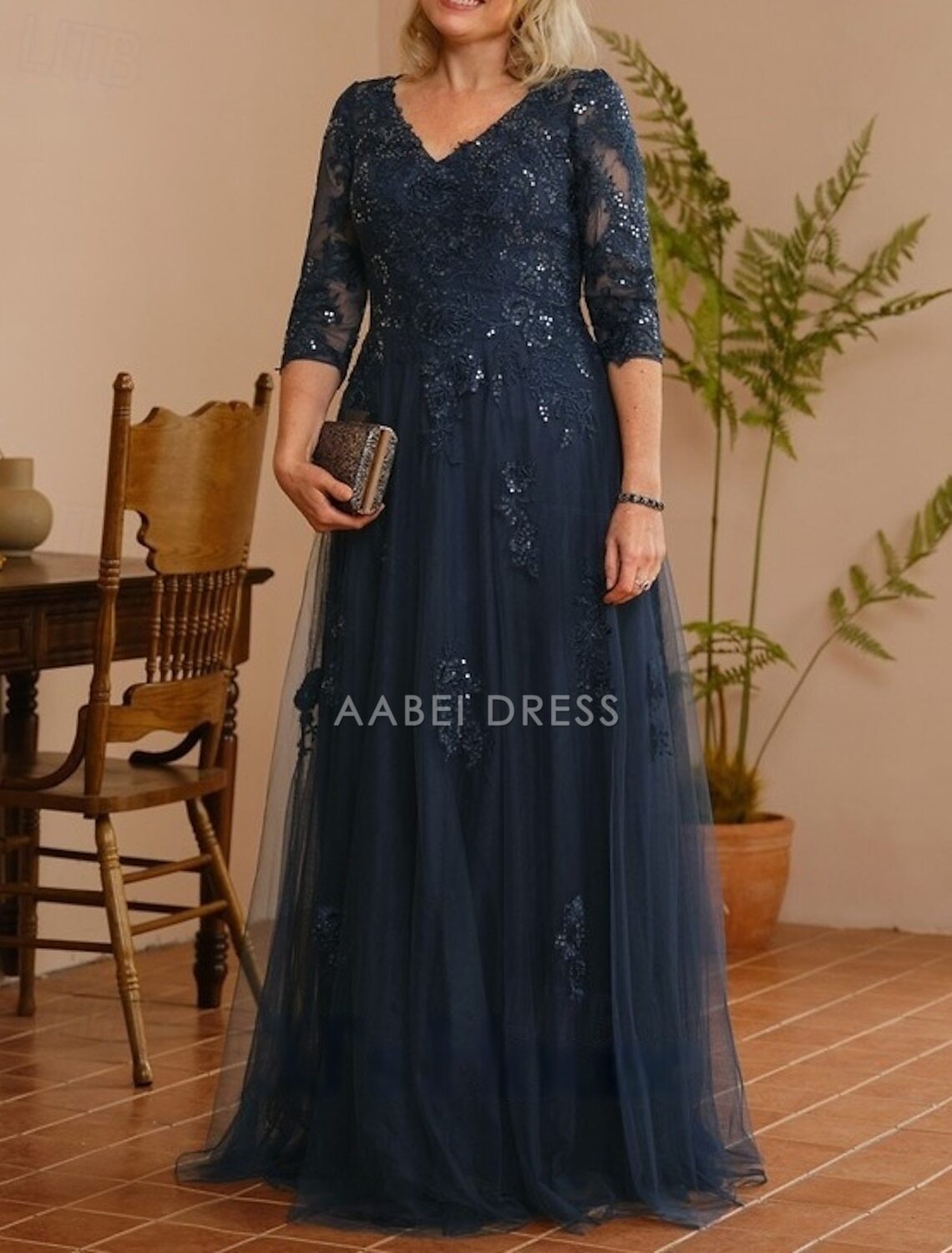 AABEI DRESS Wedding Guest Dress Elegant A-Line V Neck 3/4 Length Sleeve Floor Length Lace Applique Tulle Sparkle Mother of the Bride Dress