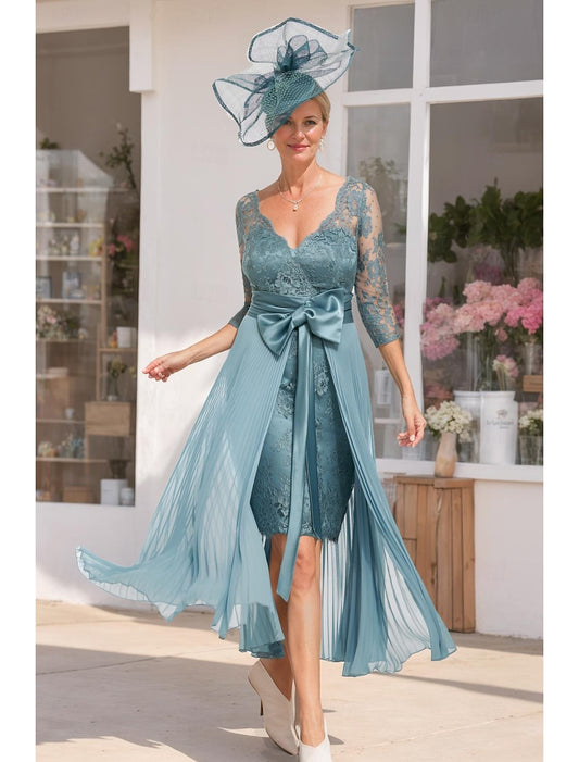 AABEI DRESS Wedding Guest Dress Two Piece Sheath V Neck 3/4 Length Sleeve Knee Length Lace with Bow(s) Elegant Mother of the Bride Dress