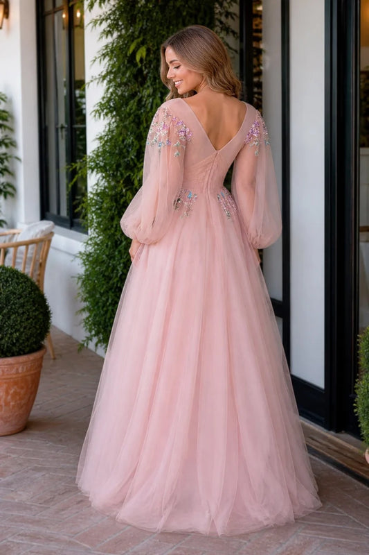 Blush Pink Tulle A-Line Gown Puff Sleeve Colorful Floral Embroidery V Back Formal Dress