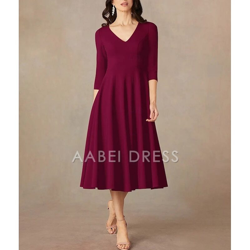 AABEI DRESS Wedding Guest Dress Elegant A-Line V Neck Tea Length 3/4 Length Sleeve Minimalist Mother of the Bride Dress