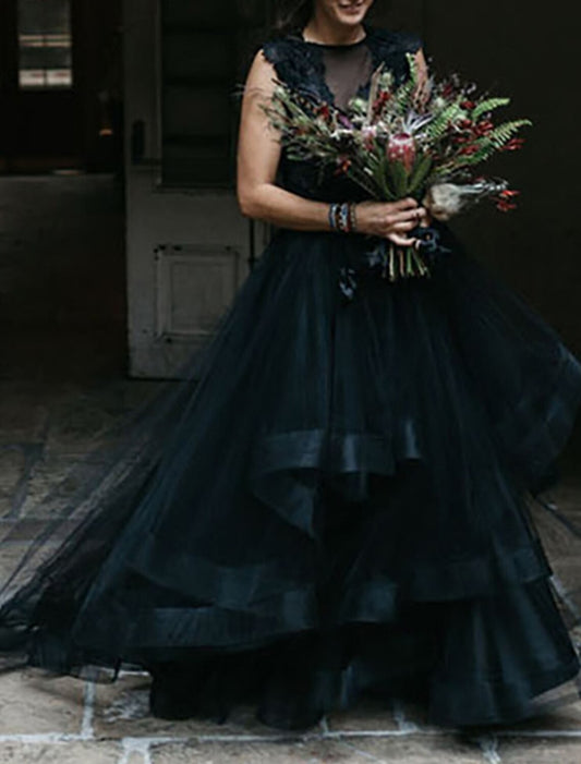 Black Evening Dresses Formal Fall A-Line Illusion Neck Sleeveless Sweep / Brush Train Tulle Gothic Halloween Engagement Bridal Gowns With Appliques Cascading Ruffles