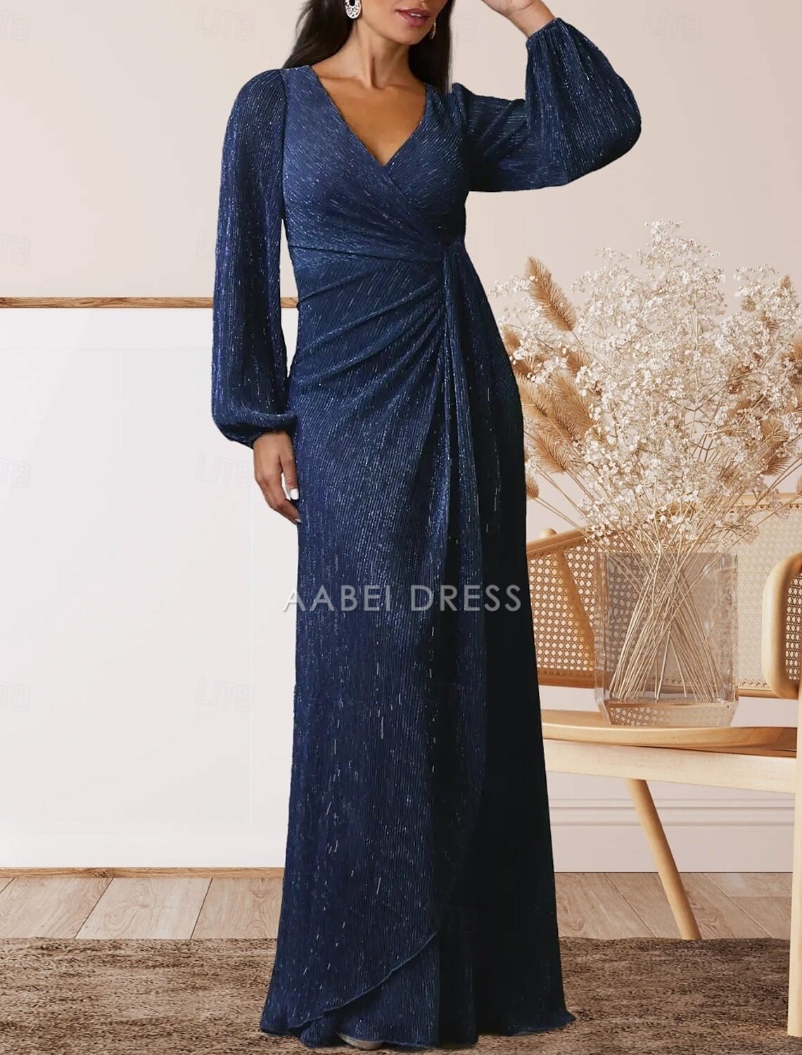 AABEI DRESS Wedding Guest Dress Elegant A-Line V Neck Sweet Floor Length Chiffon Long Sleeve with Ruffles Mother of the Bride Dress