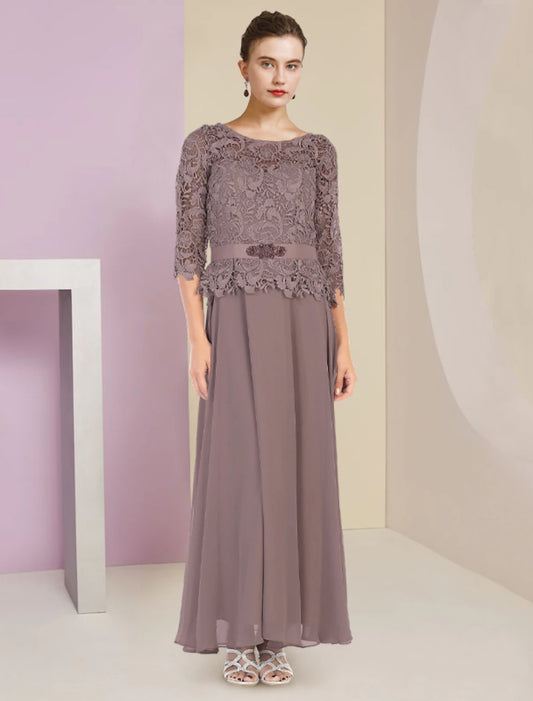 Two Piece A-Line Mother of the Bride Dress Formal Wedding Guest Elegant Scoop Neck Floor Length Chiffon Lace 3/4 Length Sleeve Wrap Included with Appliques Crystal Brooch