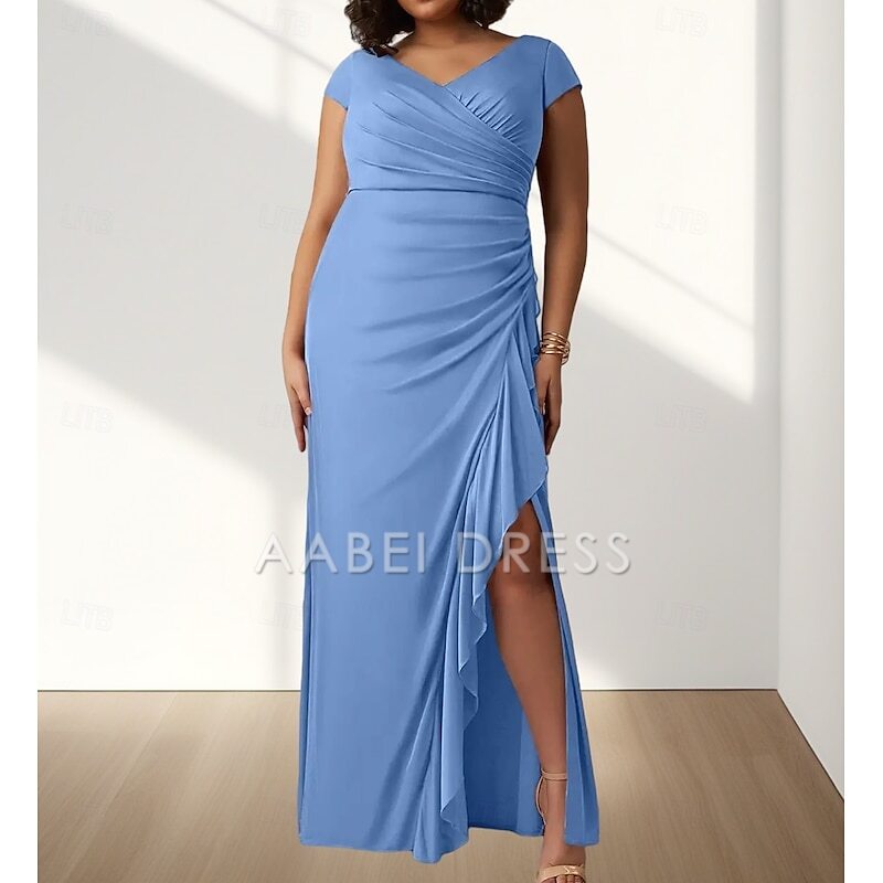 AABEI DRESS Wedding Guest Dress Elegant Mermaid V Neck Short Sleeve Pleats Split Curve Front Ruching Floor Length Plus Size Mother of the Bride Dress