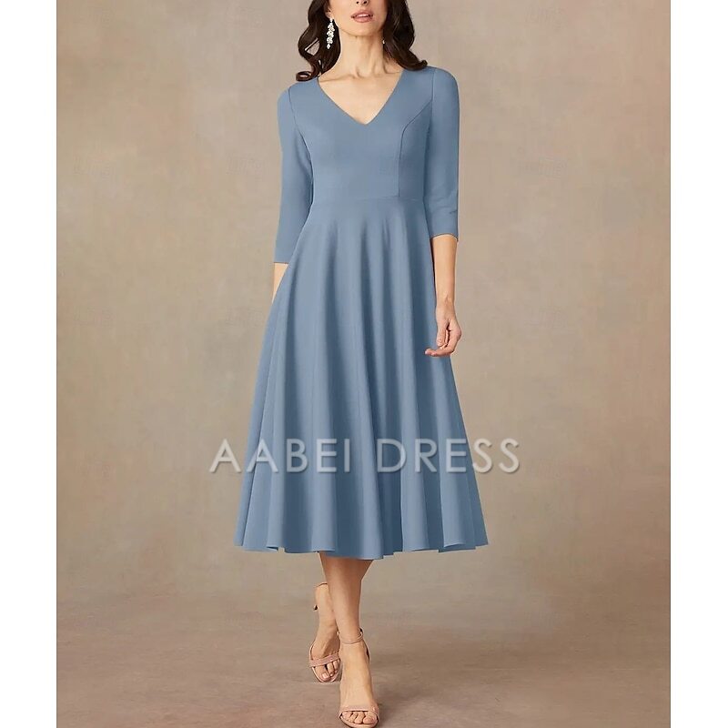 AABEI DRESS Wedding Guest Dress Elegant A-Line V Neck Tea Length 3/4 Length Sleeve Minimalist Mother of the Bride Dress