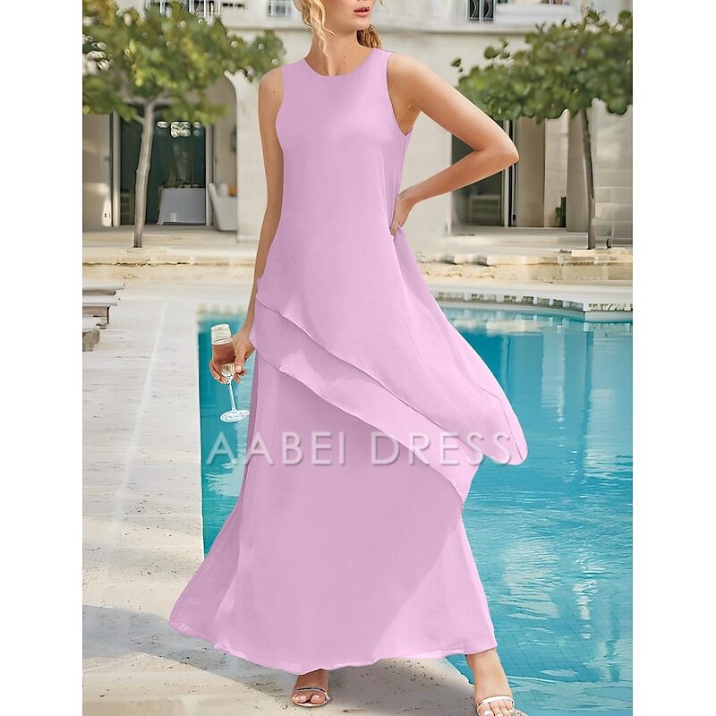 AABEI DRESS Wedding Guest Dress Simple Sheath Jewel Neck Sleeveless Ankle Length Tiers Solid Color Elegant Mother of the Bride Dress