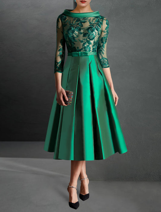 A-Line Cocktail Dress Christmas Red Green Dresses Formal Kentucky Derby Tea Length 3/4 Length Sleeve Jewel Neck Fall Wedding Guest Satin with Pleats Appliques Mother of the Bride Dresses