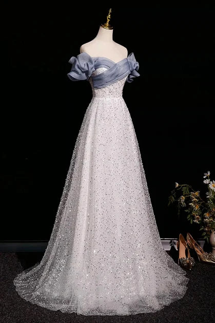 White Glitter Mesh & Organza A-Line Off-the-Shoulder Lace-up Floor-Length Dress - Aabei Dress