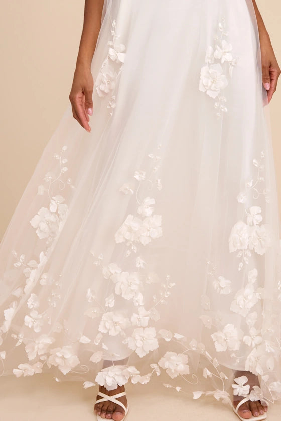 White Tulle A-line Straight Across Zipper Back Floor Length Dress - Aabei Dress
