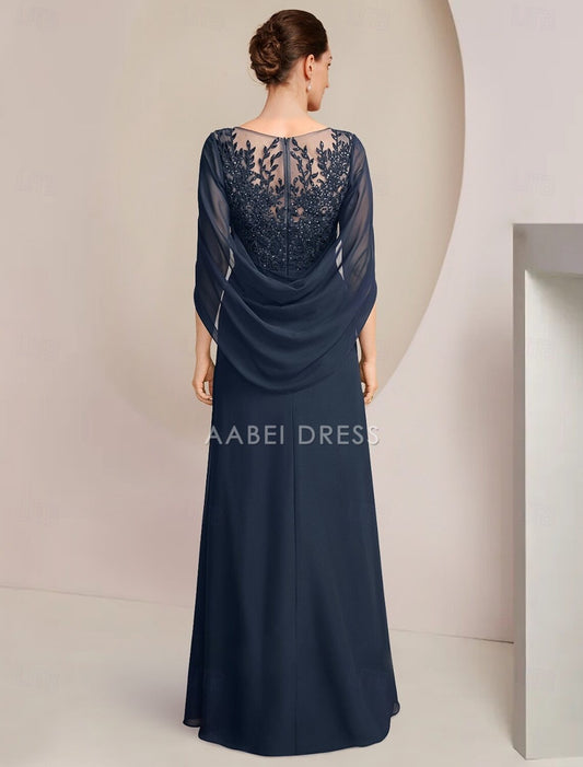 AABEI DRESS Wedding Guest Dress Elegant Sheath Jewel Neck Floor Length Chiffon Half Sleeve with Lace Side-Draped Mother of the Bride Dress