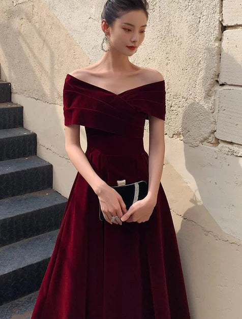 Burgundy Off Shoulder Velvet A Line Formal Evening Dress