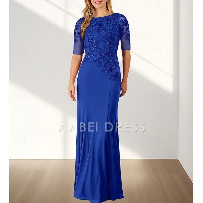 AABEI DRESS Wedding Guest Dress Mermaid  Elegant Crew Neck Floor Length Chiffon Half Sleeve with Appliques Mother of the Bride Dress