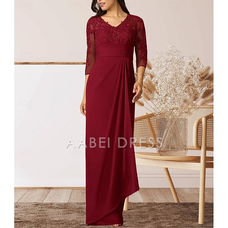 AABEI DRESS Wedding Guest Dress Elegant Sheath V Neck 3/4 Length Sleeve High Split Floor Length with Ruffles Appliques Ruching Mother of the Bride Dress