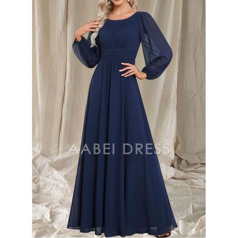 AABEI DRESS Wedding Guest Dress Elegant A-Line Crew Neck Long Sleeve Floor Length Chiffon Ruching Simple Mother of the Bride Dress