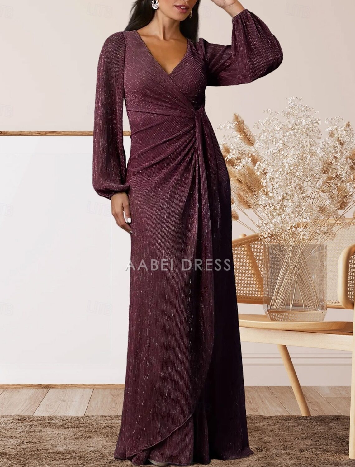 AABEI DRESS Wedding Guest Dress Elegant A-Line V Neck Sweet Floor Length Chiffon Long Sleeve with Ruffles Mother of the Bride Dress