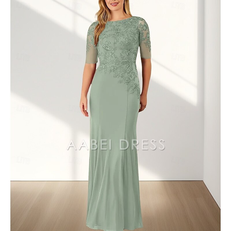 AABEI DRESS Wedding Guest Dress Mermaid  Elegant Crew Neck Floor Length Chiffon Half Sleeve with Appliques Mother of the Bride Dress
