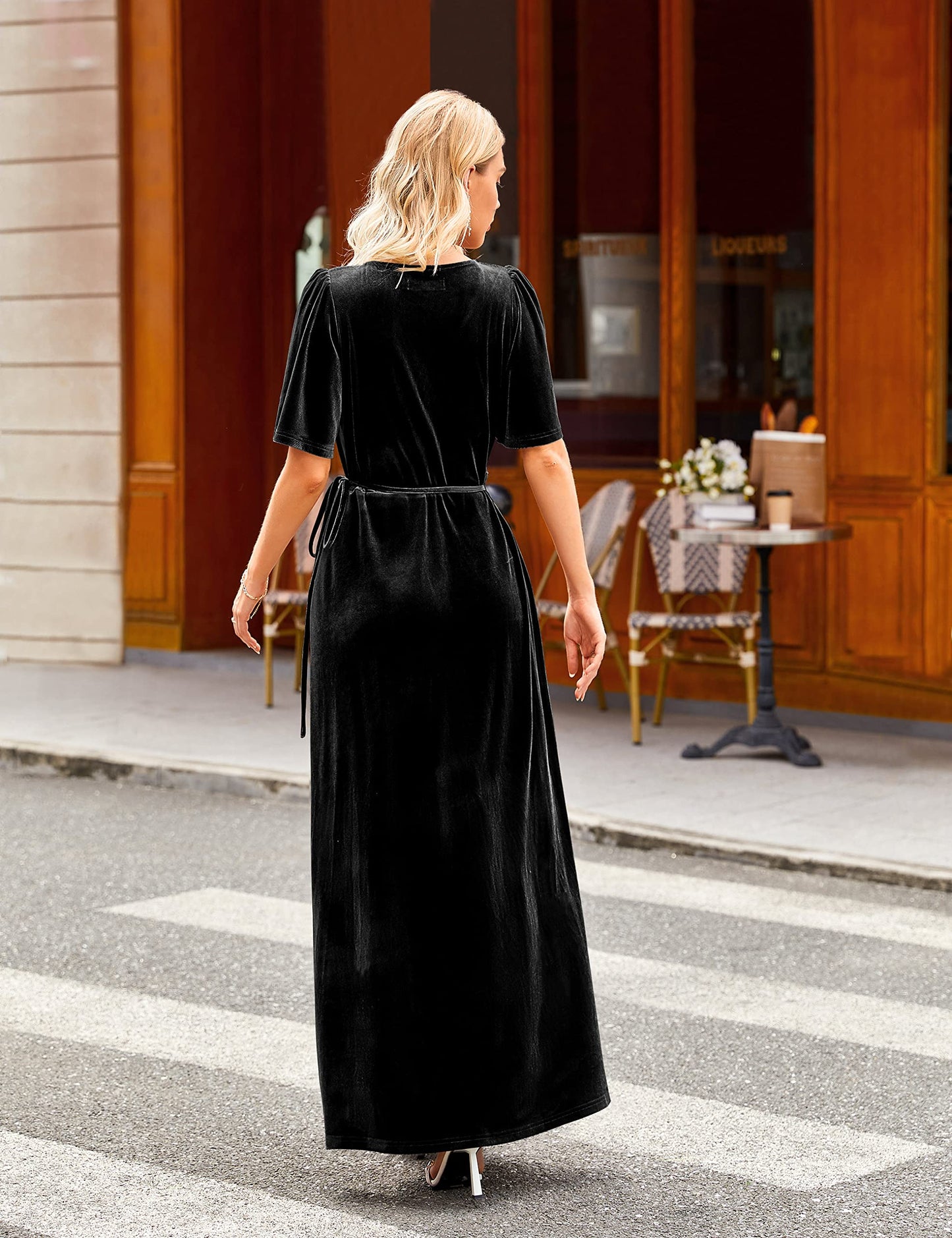 Evening Dress Women's V Neck Wrap Velvet Maxi Dress Slim Wrap Tie Waist Formal Wear Dresses Wedding Guest Dress
