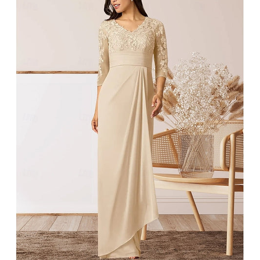 AABEI DRESS Wedding Guest Dress Elegant Sheath V Neck 3/4 Length Sleeve High Split Floor Length with Ruffles Appliques Ruching Mother of the Bride Dress