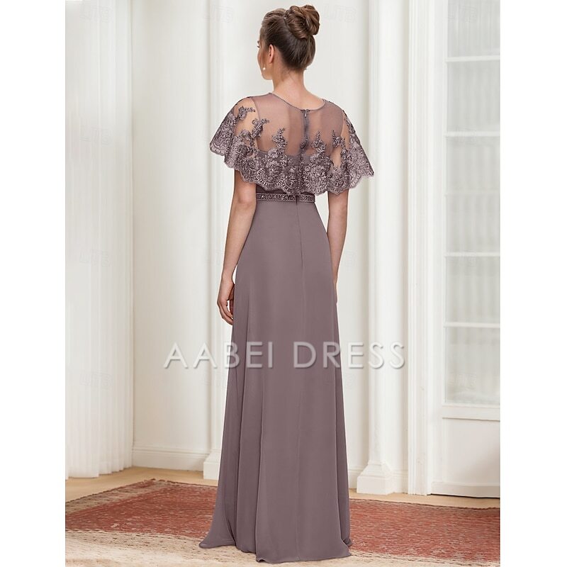 AABEI DRESS Wedding Guest Dress Elegant A-Line Jewel Neck Pleated Lace Shawl Floor Length Mother of the Bride Dress