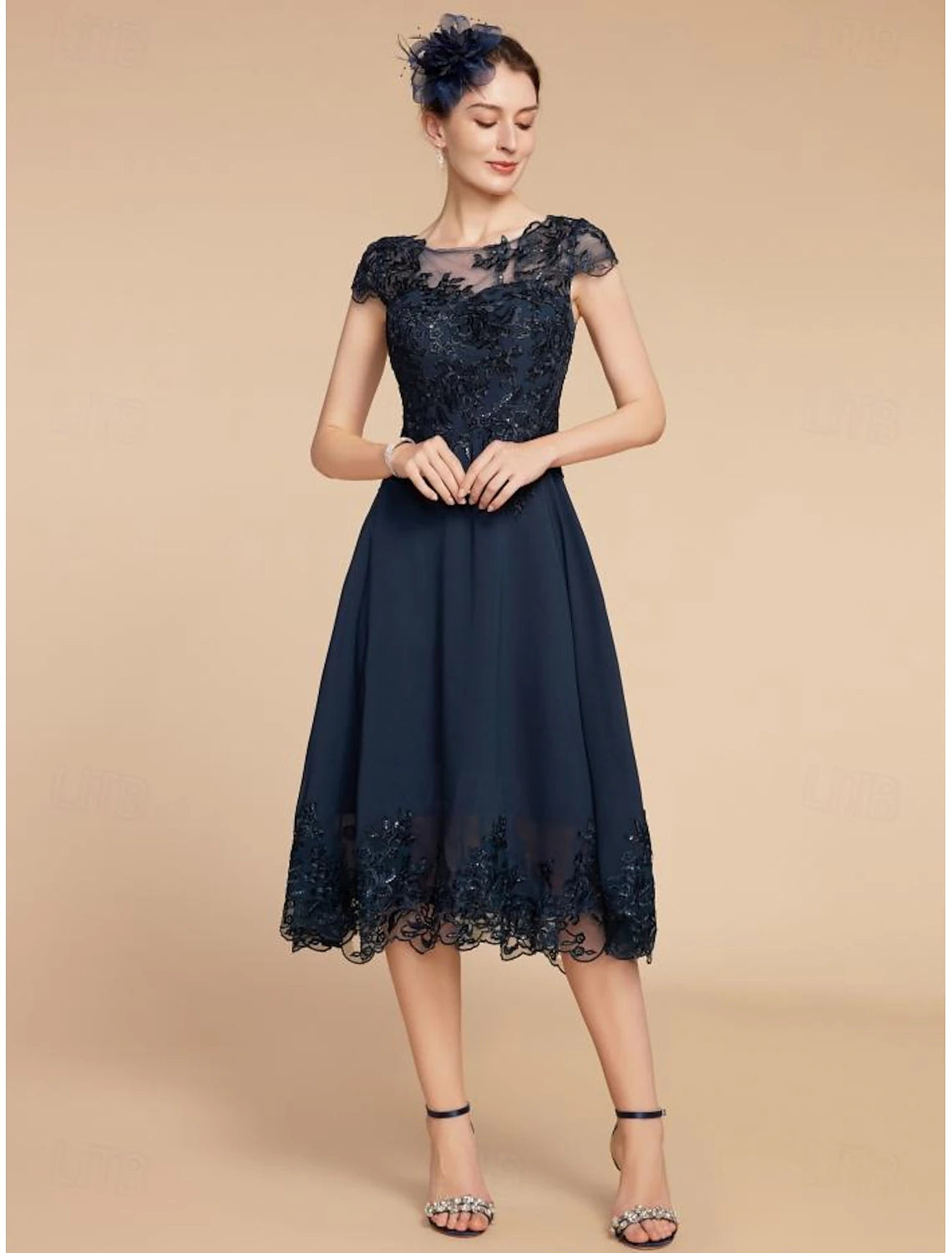 Wedding Guest Elegant Petite Scoop Neck Tea Length Chiffon Lace Cap Sleeve with Sequin Solid Color Mother of the Bride Dress 