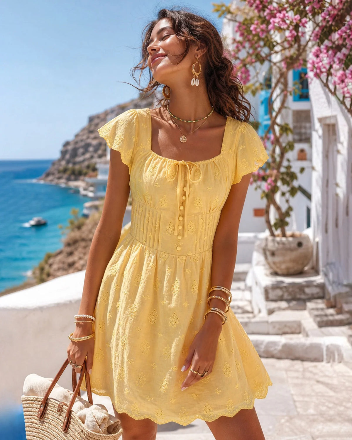Yellow Cotton Eyelet A-Line Square Neck Tie Back Above Knee Dress - Aabei Dress