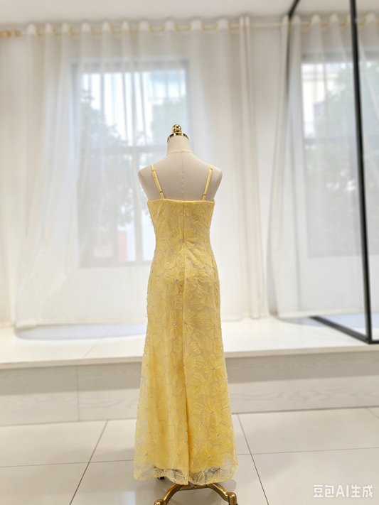 Yellow Mesh Sheath Column Straight Across Zipper Back Floor Length Dress - Aabei Dress