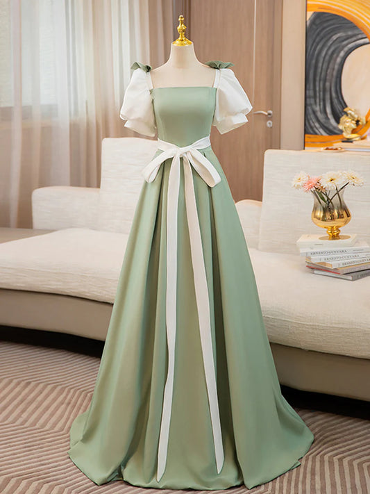 A-line Prom Dress Puff Sleeves Satin Color Blocking Long Lace up Fresh lovely Dress