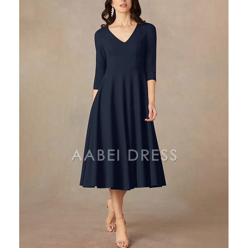 AABEI DRESS Wedding Guest Dress Elegant A-Line V Neck Tea Length 3/4 Length Sleeve Minimalist Mother of the Bride Dress