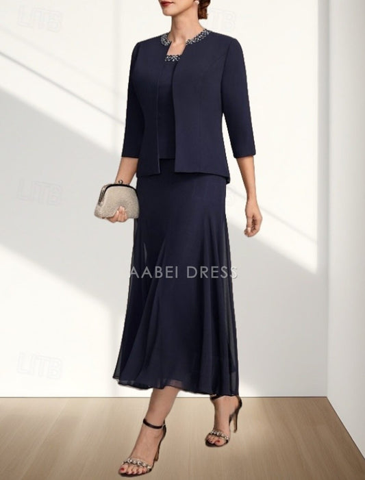 AABEI DRESS Wedding Guest Dress Elegant A-Line Crew Neck Two Piece Tea Length Chiffon 3/4 Length Sleeve with Beading Fashion Mother of the Bride Dress