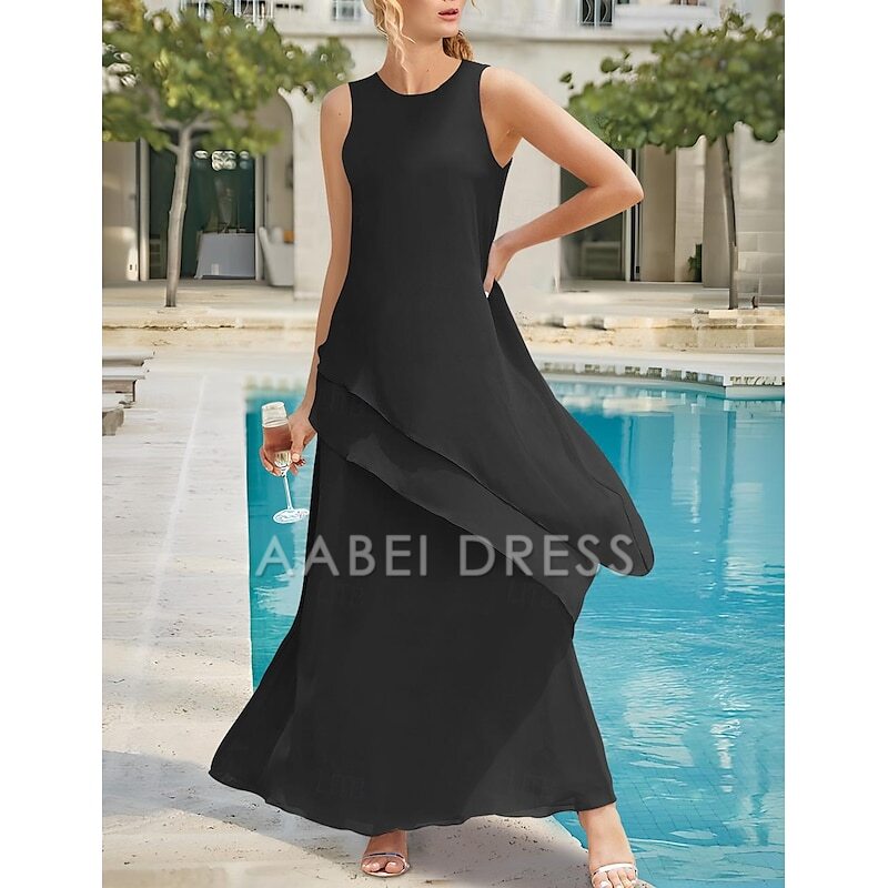 AABEI DRESS Wedding Guest Dress Simple Sheath Jewel Neck Sleeveless Ankle Length Tiers Solid Color Elegant Mother of the Bride Dress