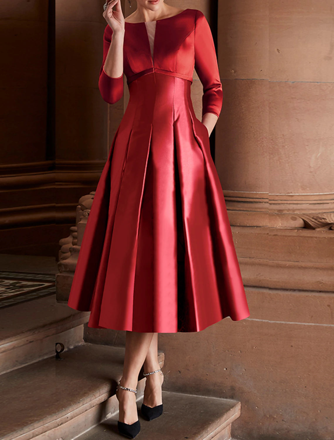 A-Line Cocktail Dresses Minimalist Dress Christmas Red Green Dress Wedding Guest Tea Length 3/4 Length Sleeve Jewel Neck Fall Wedding Guest Satin with Pleats Mother of the Bride Dresses